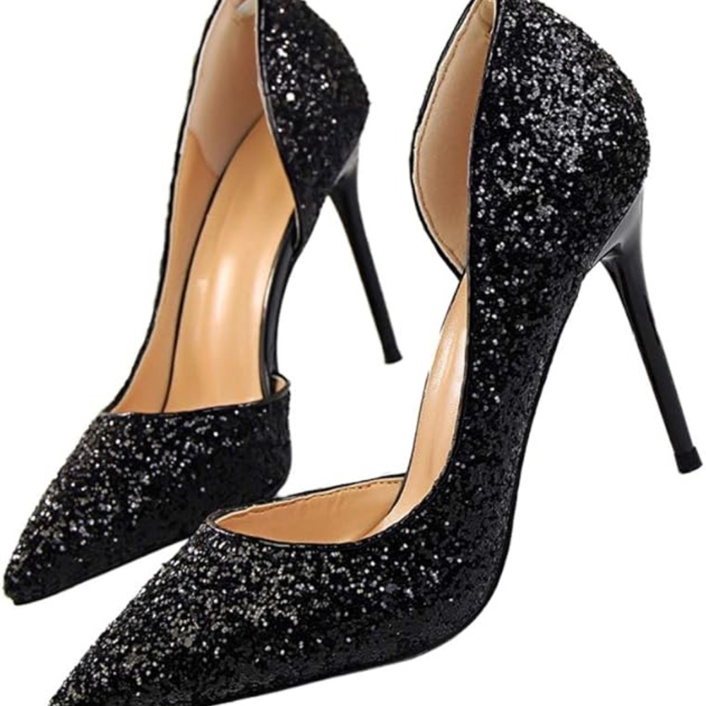 Fabulous Black Sparkle Glitter Heels Pumps Pointy Toe